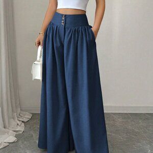 Blue Casual Women's Elegant Floral Buckle Design Loose Pants
